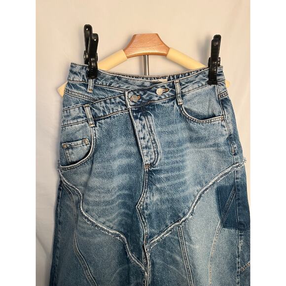 Pilcro Anthropologie Denim Midi Skirt Size 4 Boho Patchwork Raw Hem - Picture 3 of 7